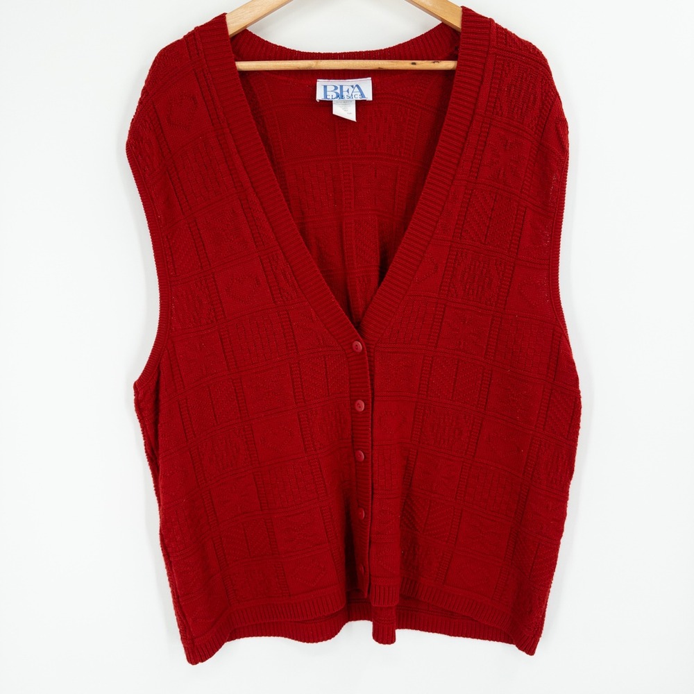 Vintage Red Knit Sweater Vest Womens 1X Academia Indie Granny Hearts Patchwork